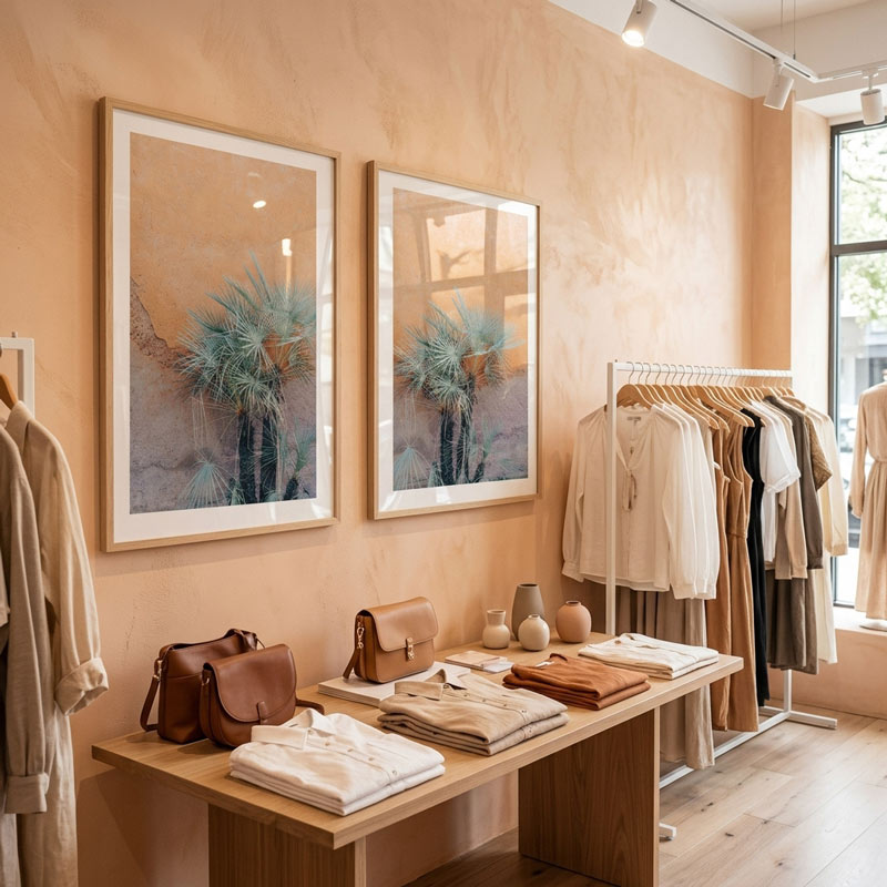 Retail store interior with clothing racks, a table with folded garments, and framed artwork on the wall.