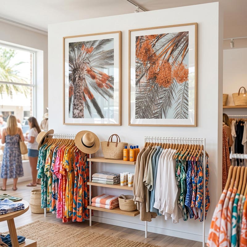 Clothing store interior with racks of colorful clothes, a shelf with bags and accessories, and framed artwork on the wall.