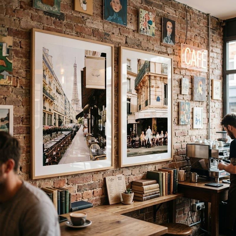 Interior of a cafe with brick walls, framed pictures, and patrons.
