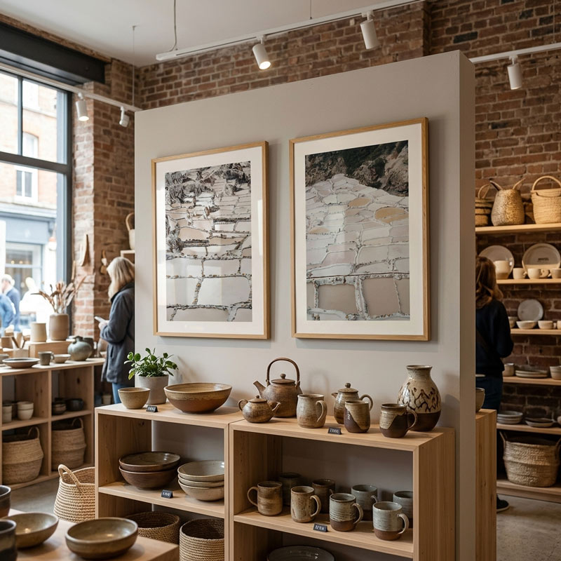Ceramic items on wooden shelves with framed artwork in a store setting.