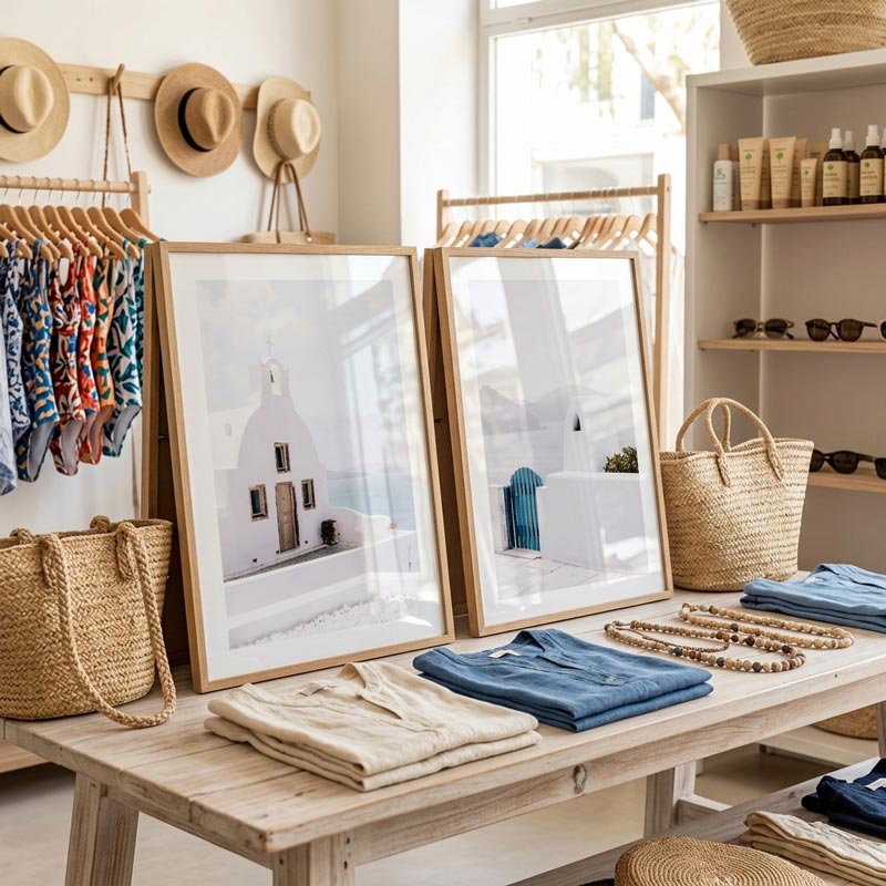 Display of clothing and accessories in a store with mirrors and shelves.
