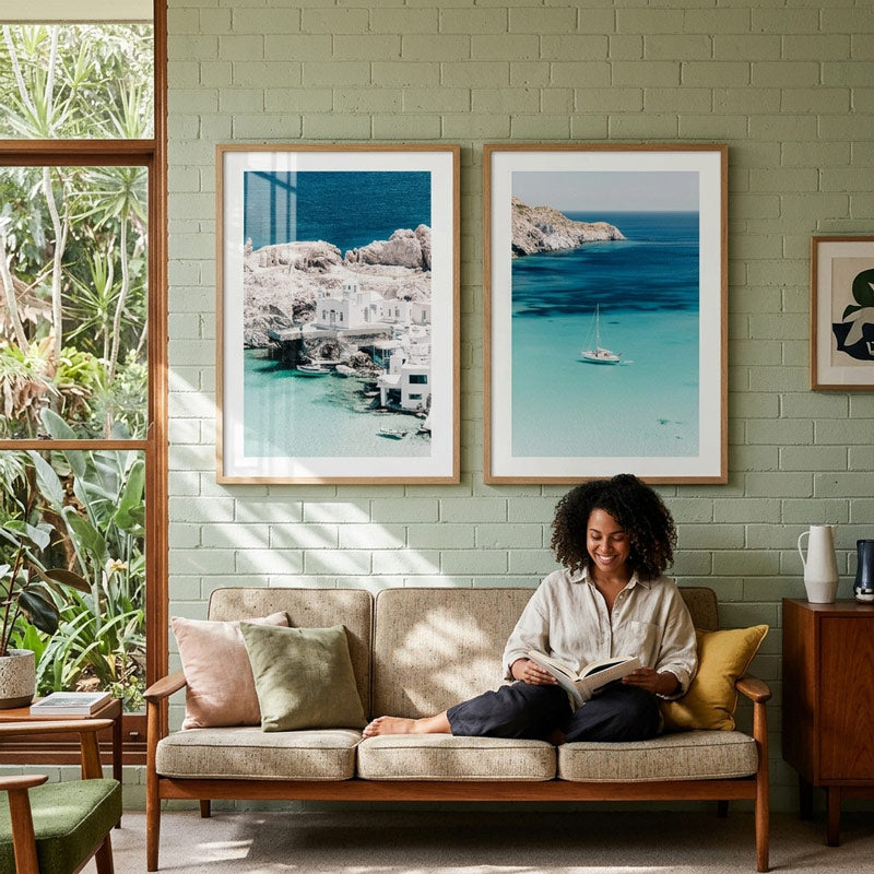 A woman sits on a beige sofa in a sunlit living room, reading a book. Above the sofa are two framed coastal art prints hanging on a light green brick wall.
