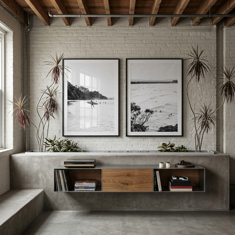 Modern living room with a concrete wall, wooden shelf, and framed landscape pictures.