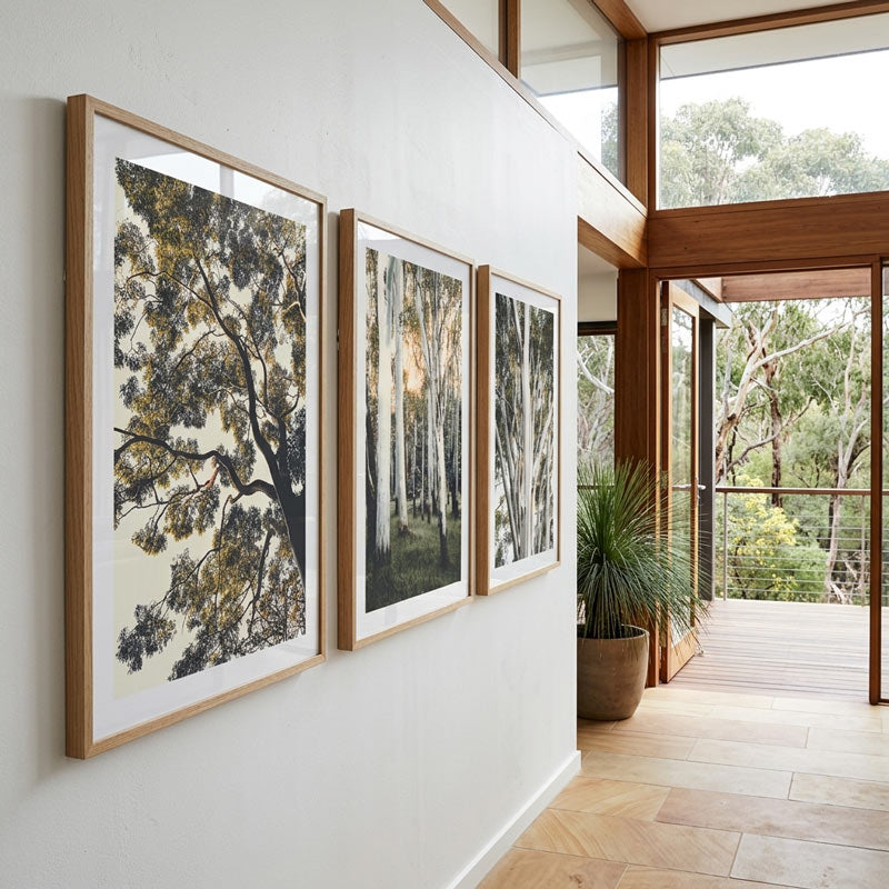 Three framed artworks of trees on a wall with a view of a balcony and trees outside.