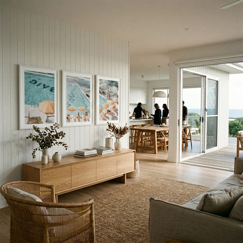 Modern living room with wooden furniture and decorative elements.