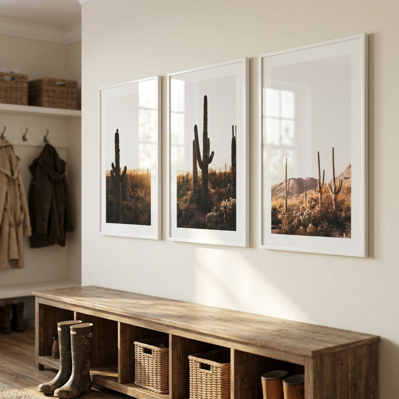 Three framed desert landscape photos above a wooden bench in a room with coats and boots.