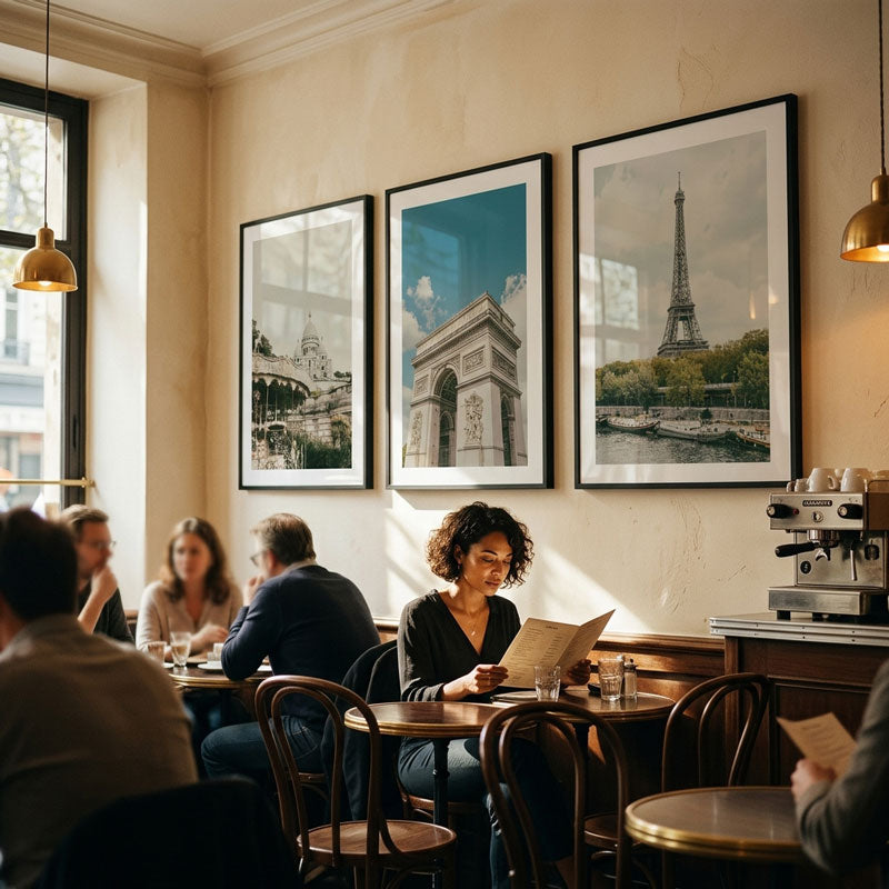 People sitting at tables in a café with framed pictures of architectural landmarks on the wall.