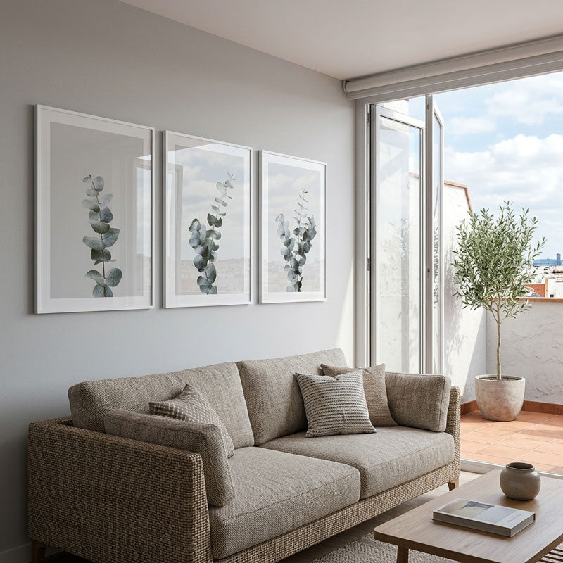 Modern living room with a gray sofa, coffee table, and decorative elements.