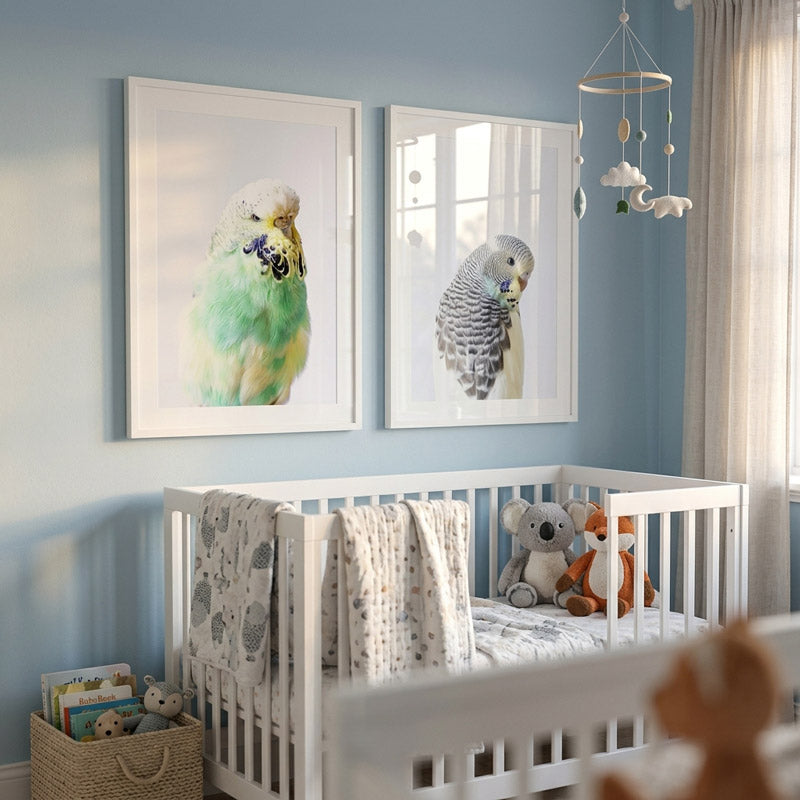 Nursery room with a crib, stuffed animals, and wall art of birds.