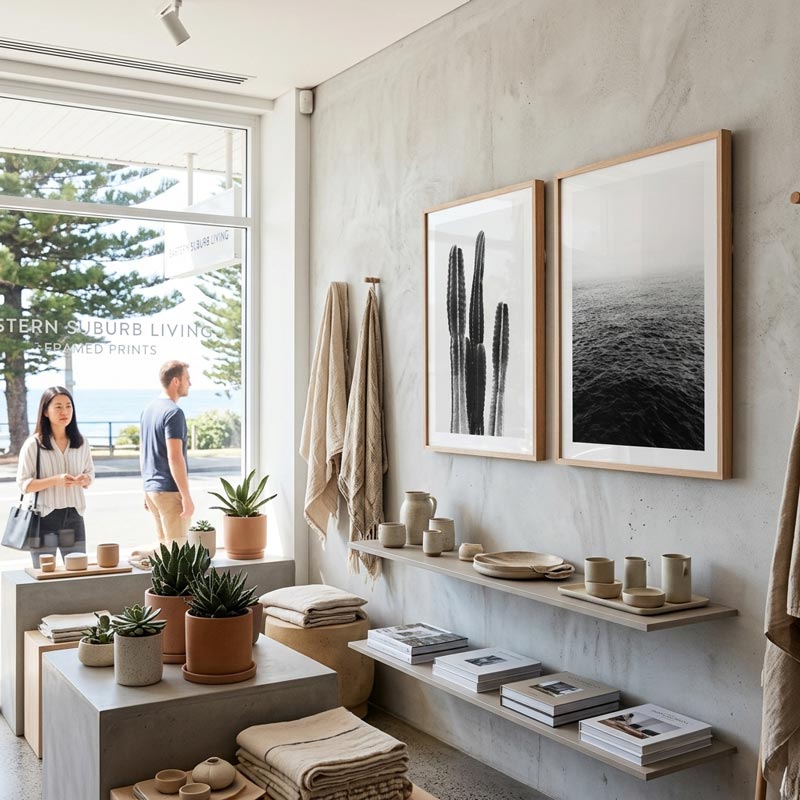 A styled interior retail space with concrete tables and shelves displaying folded textiles, ceramic vessels, books, and framed black-and-white wall art. Two people stand near a large window on the left, and the room has a warm neutral color palette with beige, gray, and brown tones.
