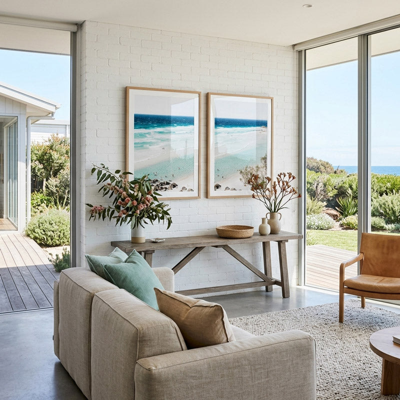 Modern living room with a sofa, armchair, and decorative elements.
