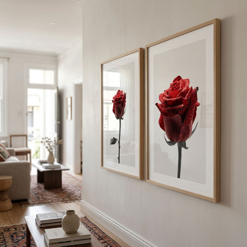 Set of 2 Art Prints - Red Rose in the Rain & Red Rose