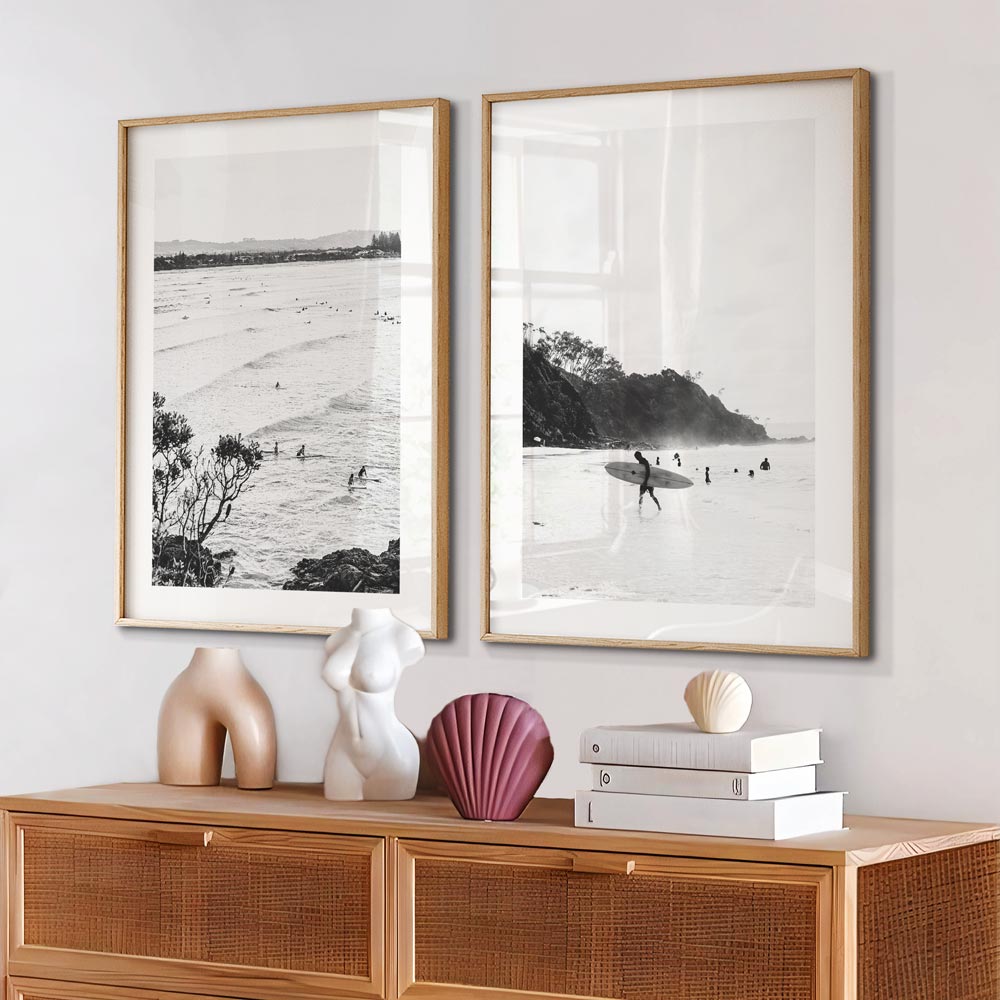 Set of 2 Art Prints - BW Wategos Beach I & BW The Pass Surfers