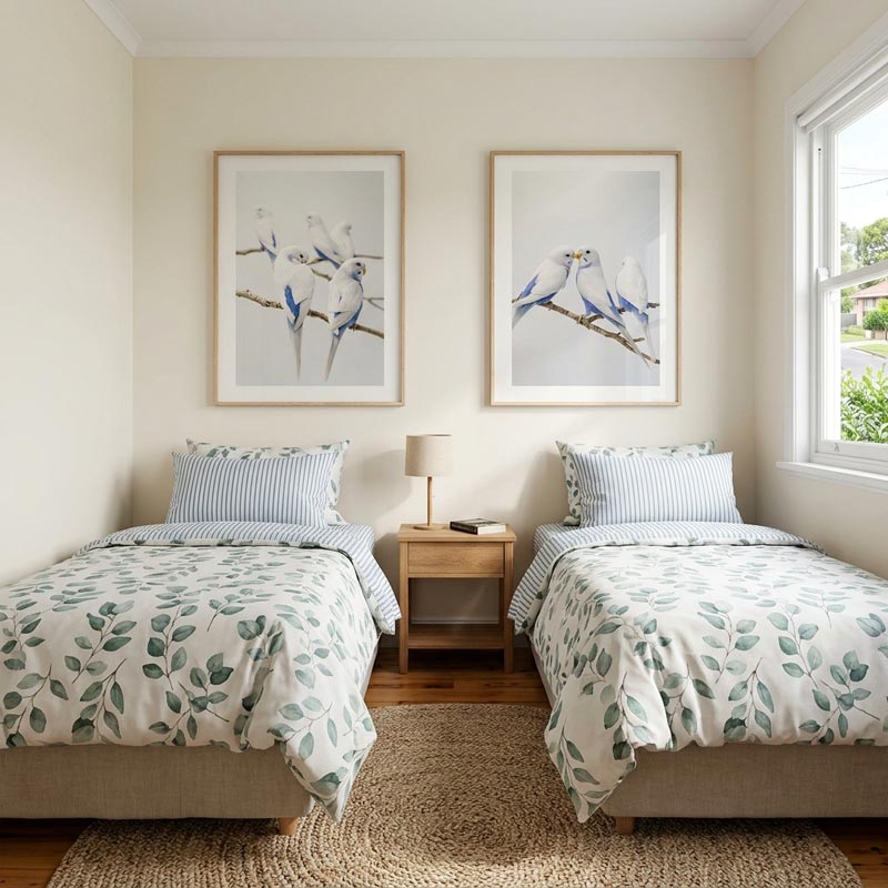 A styled children's bedroom featuring two single beds with white leaf-patterned duvet covers and blue-and-white striped pillows, flanking a small wooden nightstand. Above the bed setup, two matching framed prints of bluebirds hang on the cream-colored walls.