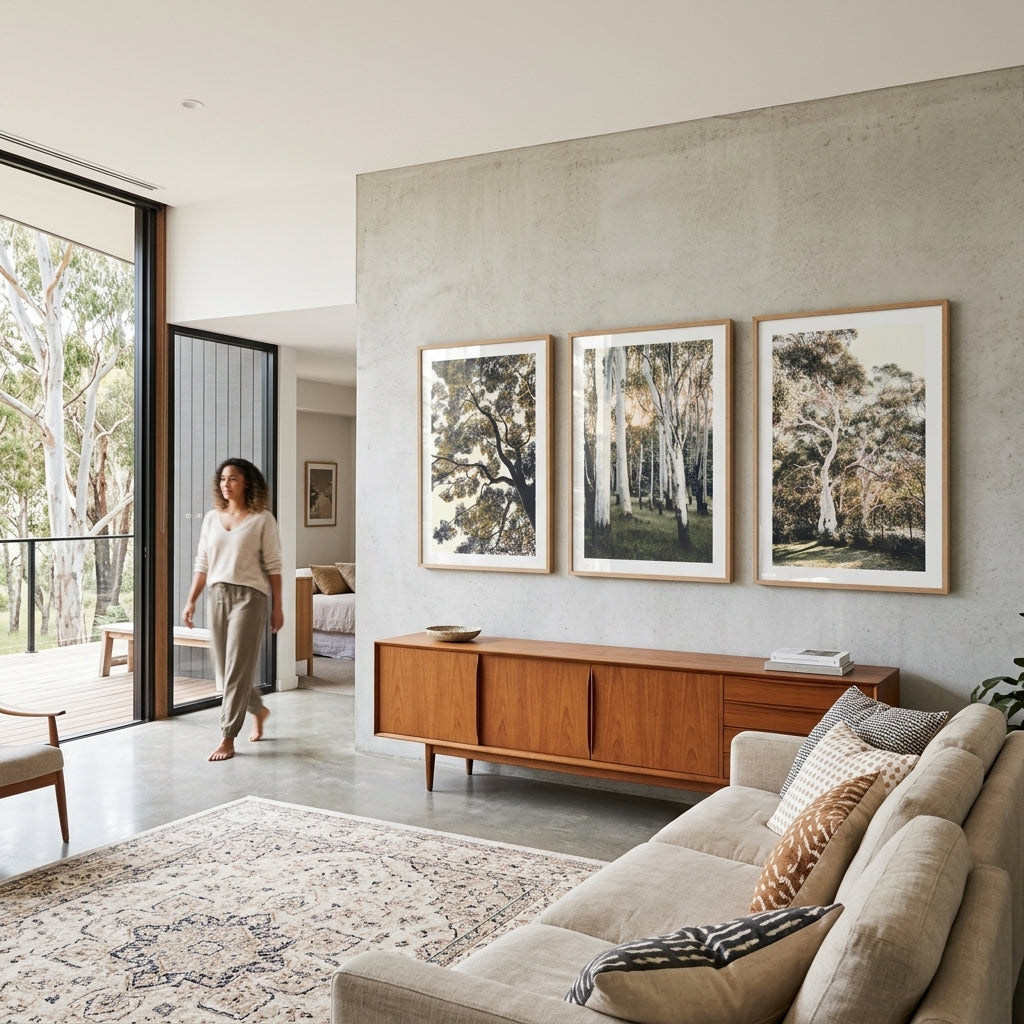 Modern living room with a woman walking towards a large window, featuring a wooden sideboard and framed nature prints on the wall.