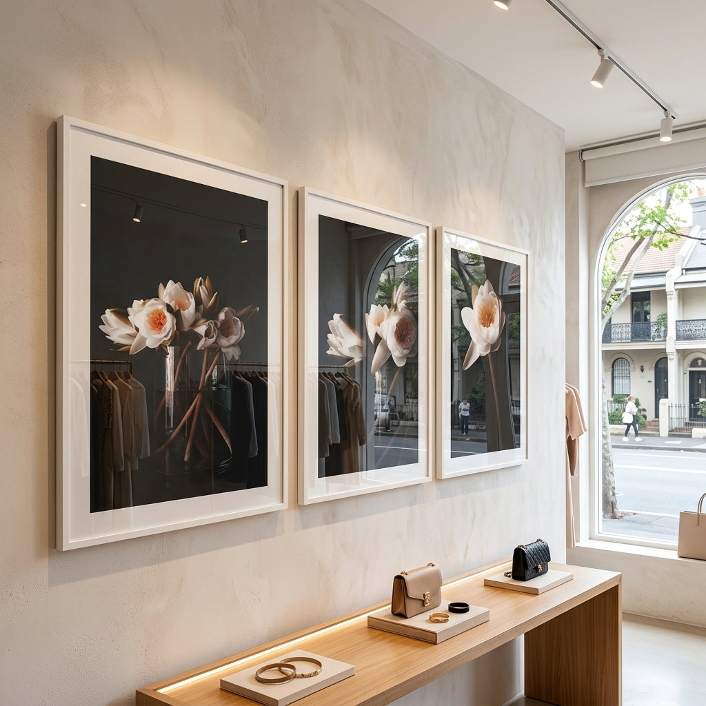 Three framed floral artworks on a wall with a bench and window in the background