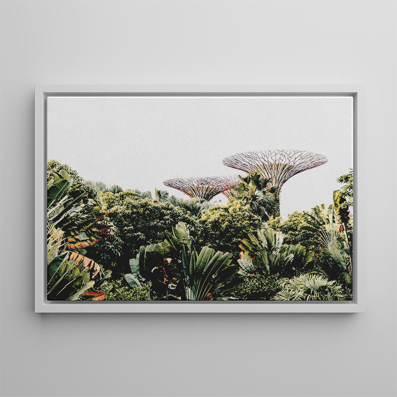 Framed photograph of a tropical landscape with Supertrees in Singapore on a gray wall.