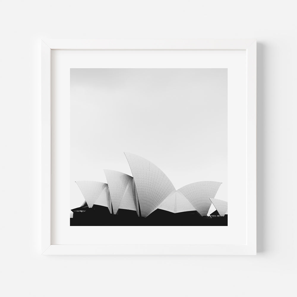 Sydney Opera House in black and white. A print of iconic Australian architecture for modern wall art decor.