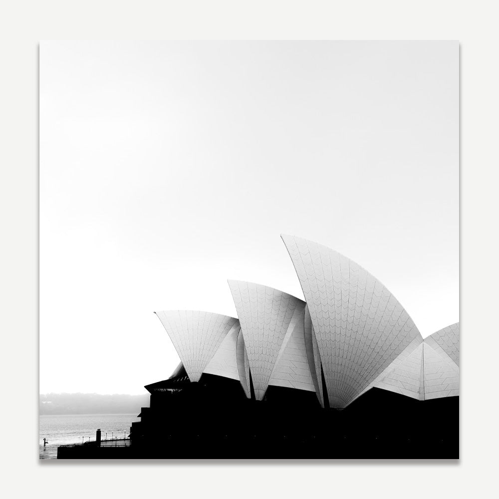 Sydney Opera House Silhouette: Monochrome framed image featuring the iconic landmark against the sea, a timeless addition to any wall art collection.
