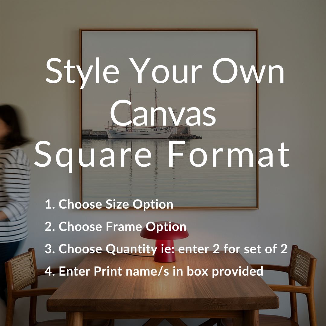 An advertisement for a custom square canvas format, displayed in a home environment, with an image of a sailboat and a woman in the background.