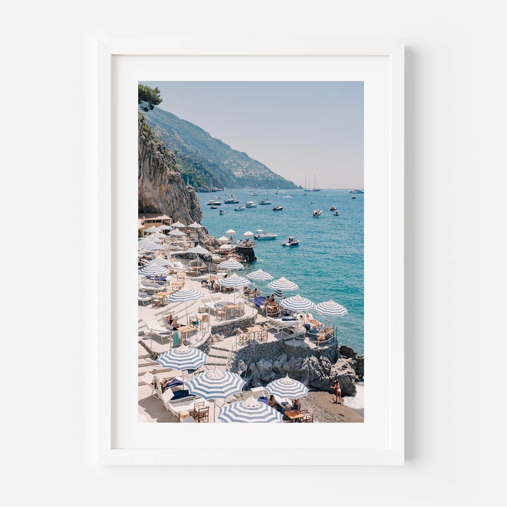 Beach scene with umbrellas and chairs, Positano, Italy. Real photography for wall art decor in homes and offices.