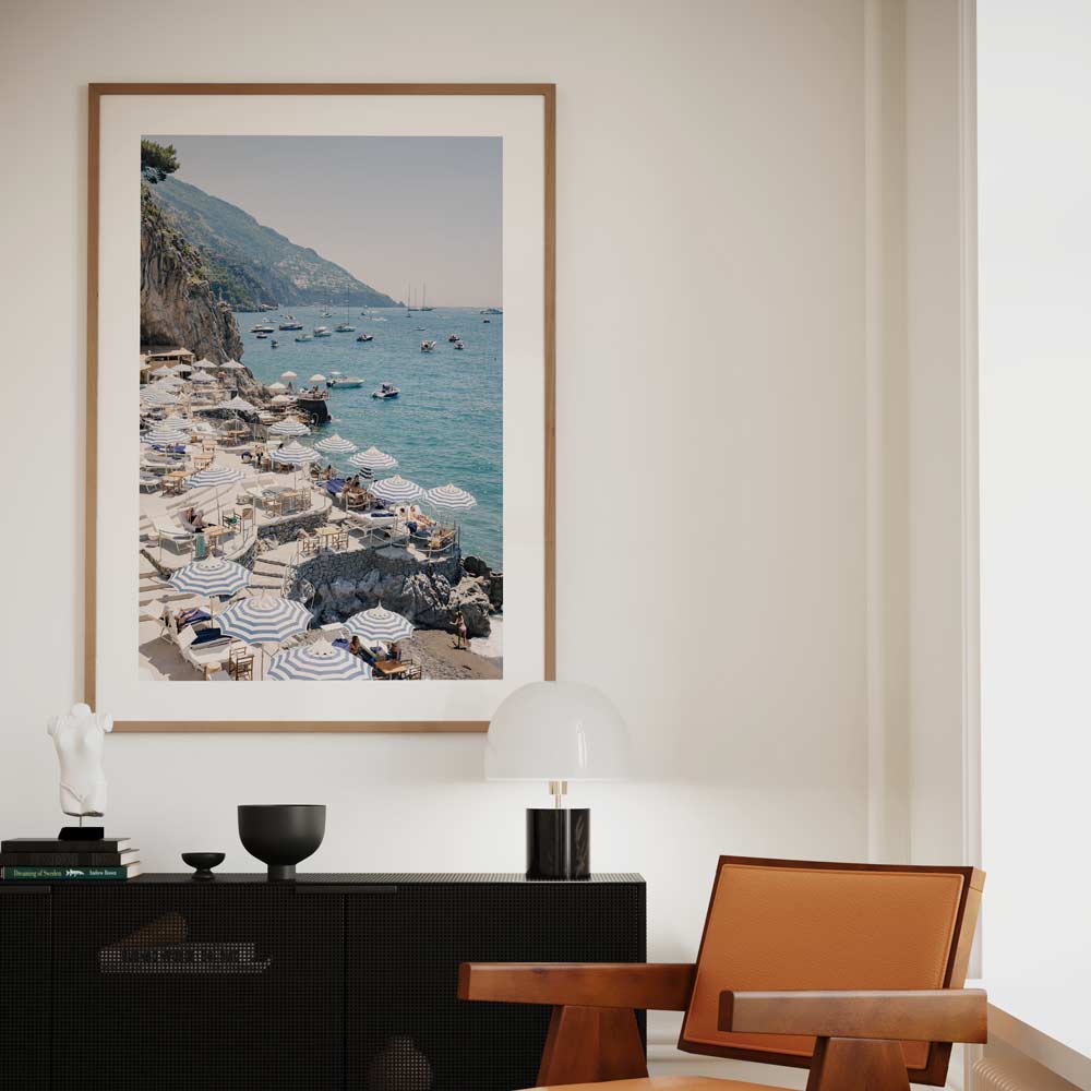 Summer on the Rock Coastal print with umbrellas and chairs, Positano, Italy. Ideal wall art for living rooms and offices.