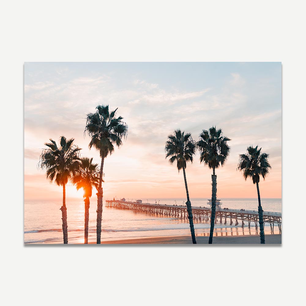 Palm trees and pier San Clemente beach California Print