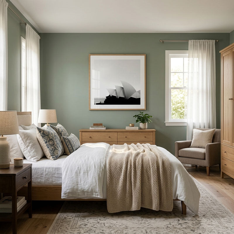 A styled bedroom interior with a bed dressed in white bedding and textured beige throw blankets, set against sage green walls. A large framed black-and-white architectural print hangs above the bed.