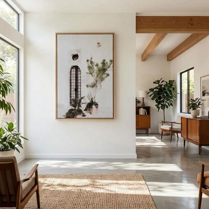 A framed vertical art print featuring a minimalist architectural scene with a window and potted plants, displayed on a white wall in a bright, modern living room with wooden furniture and plants.