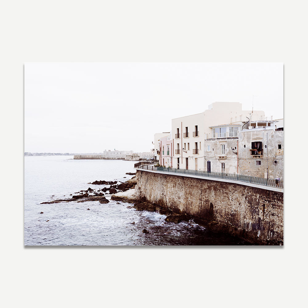 Italian seaside architecture print — beach wall art from Sicily showcasing muted textures and timeless coastal artwork.