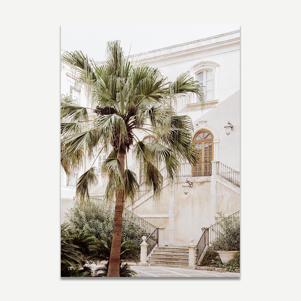 Unique coastal wall art print of a palm tree in a historic Sicilian courtyard with sun-washed seaside architecture – beach wall art from Syracuse, Italy