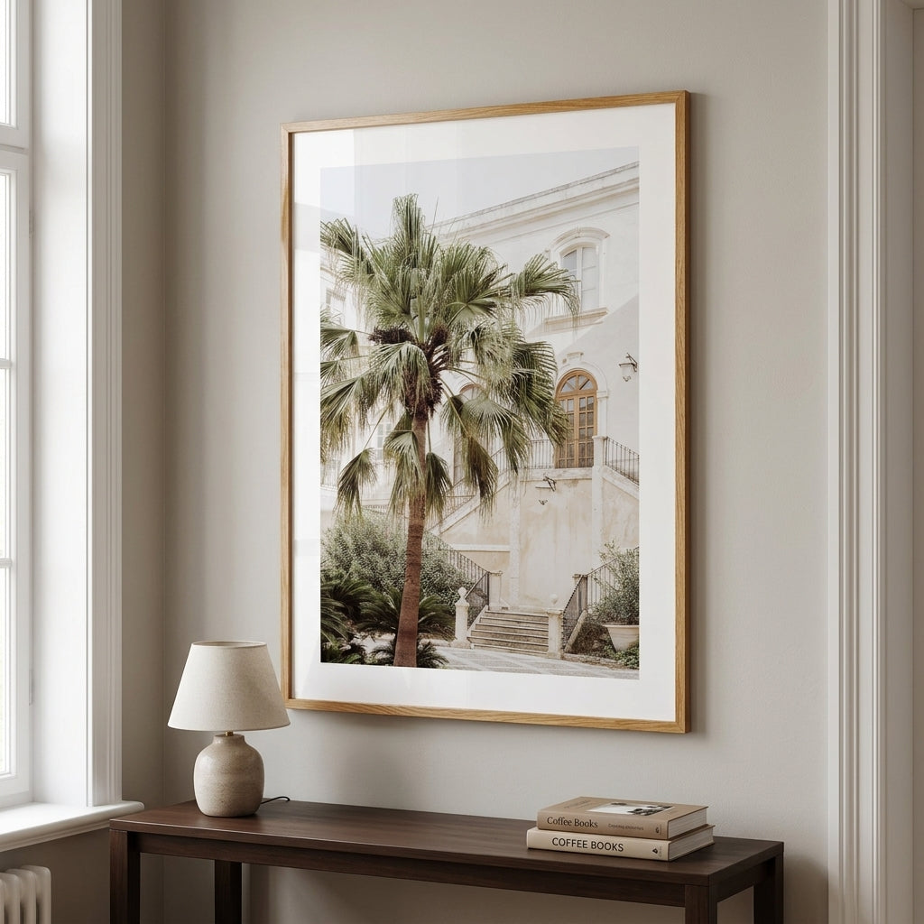 A framed art print featuring a palm tree in front of a cream-colored building, styled on a neutral wall above a dark wood console table with a lamp and books.