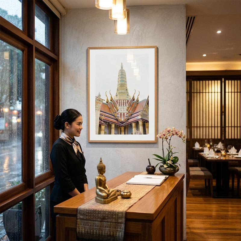 A framed art print depicting a Thai temple tower hangs on a textured light gray wall in a restaurant setting. A female waiter in a black uniform stands at the wooden counter in the foreground, with a flower arrangement and a small golden Buddha statue below the frame.