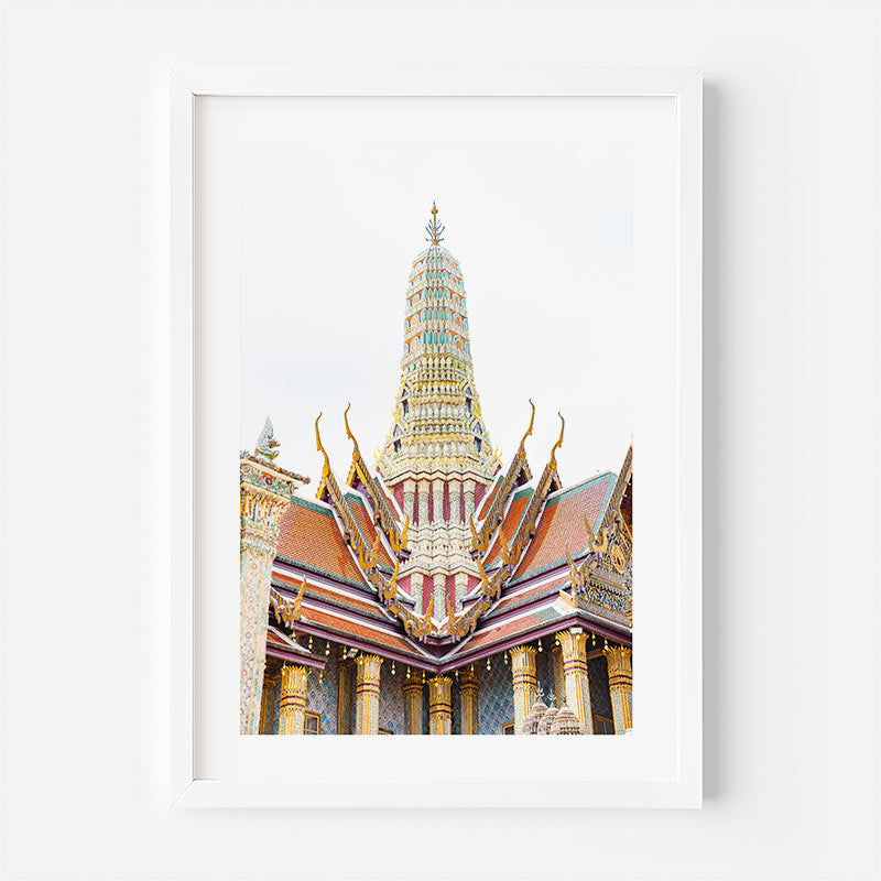 A framed art print of the Grand Palace in Bangkok, featuring a white frame and matting against a clean white background.
