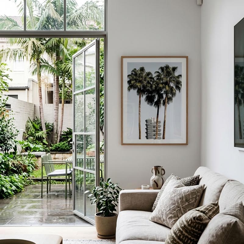 A framed art print featuring three palm trees, styled on a white wall in a modern living room with a beige sofa and an open glass door leading to a lush garden patio.