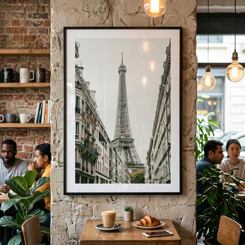 Framed picture of the Eiffel Tower on a wall in a cafe with people sitting at tables.