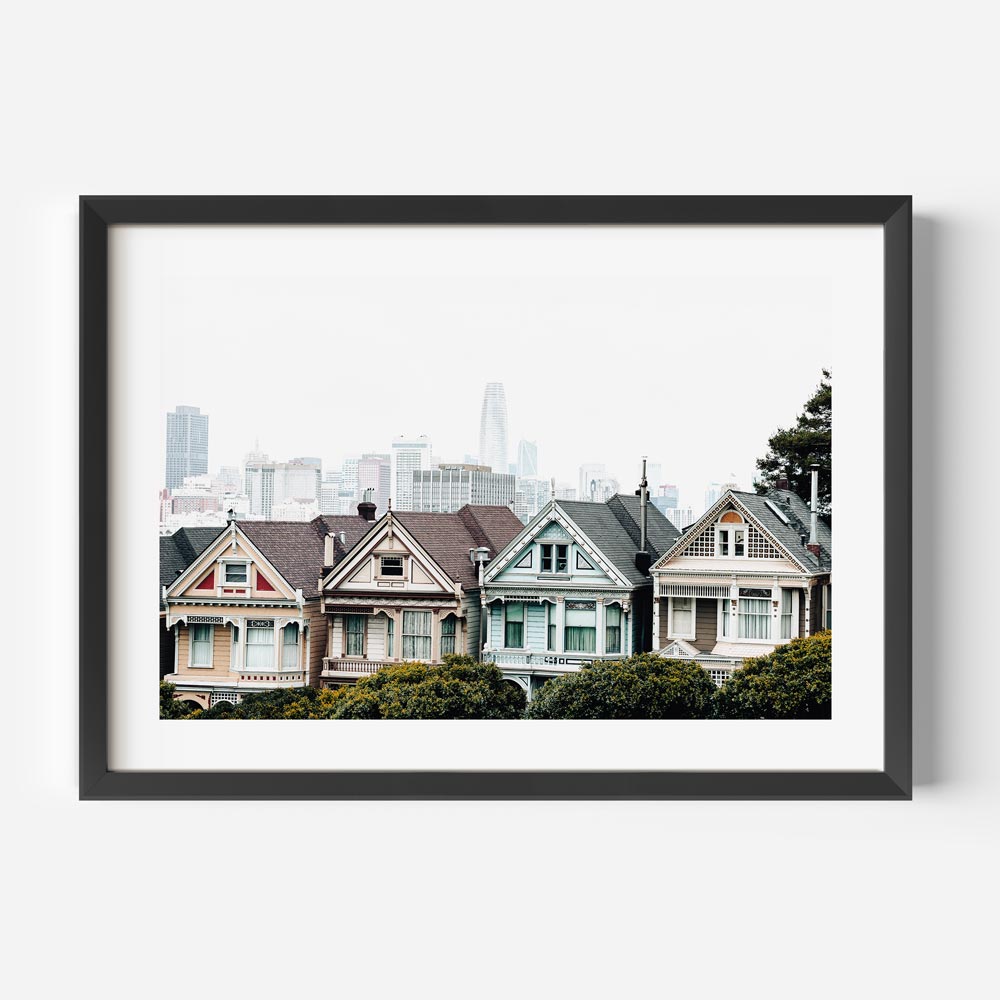 Elegant canvas print of the Painted Ladies with pastel colors and historic design, set against San Francisco's skyline.