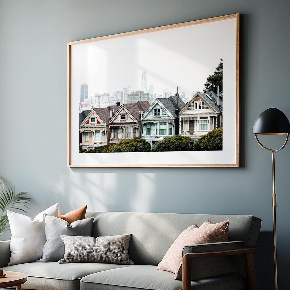 Framed art print of the Painted Ladies, capturing the iconic Victorian-style homes against the city’s skyline.