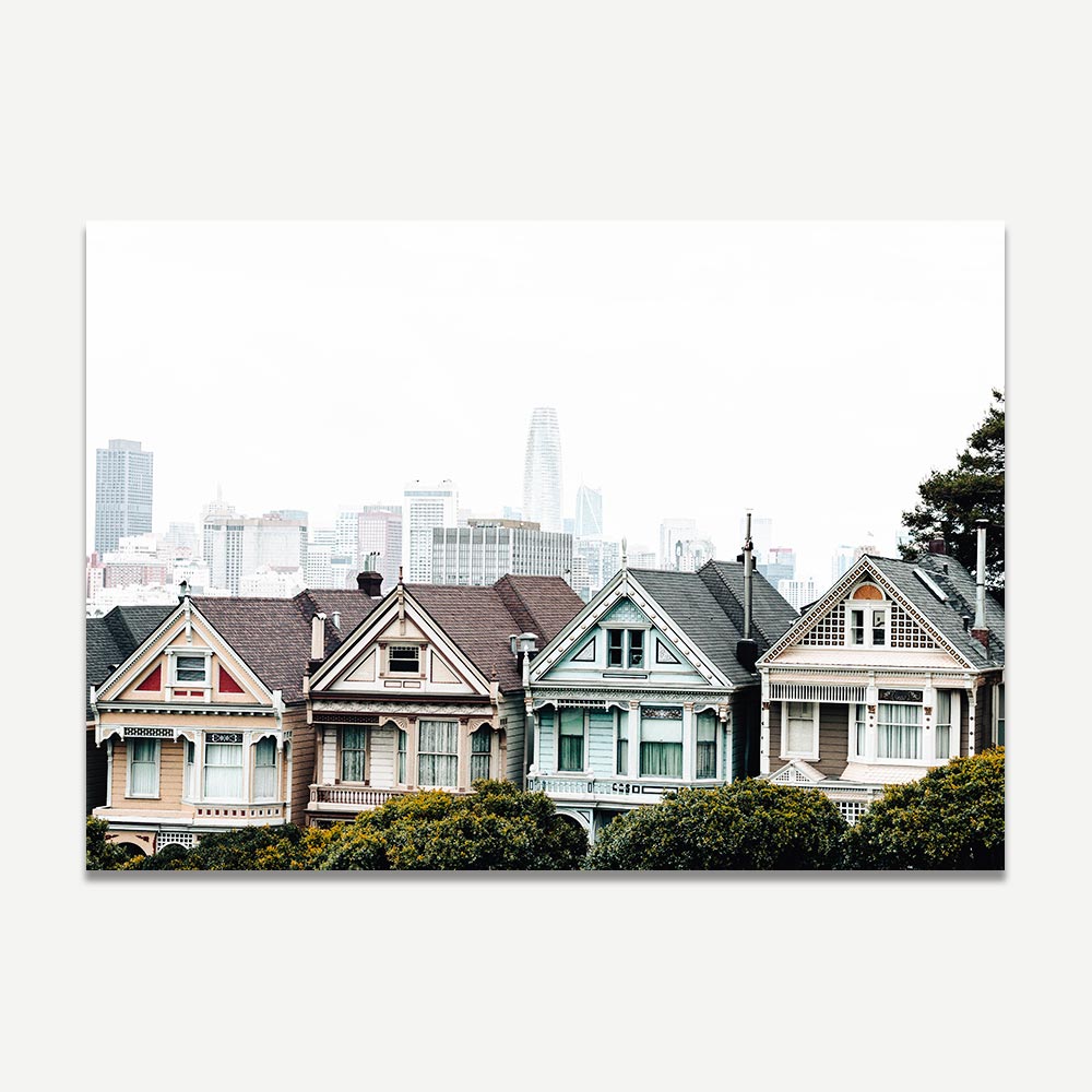 Fine art print of the Painted Ladies in San Francisco, blending historic charm with vibrant colors and urban beauty.