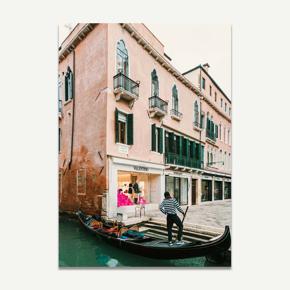 Gondola service meeting point with Valentino Shop in Venice – stylish Italian wall art blending fashion and Venice's iconic canals.