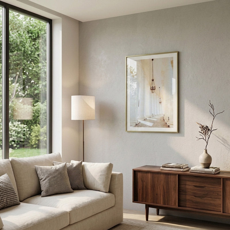 Modern living room with beige sofa, wooden sideboard, and framed artwork on wall.