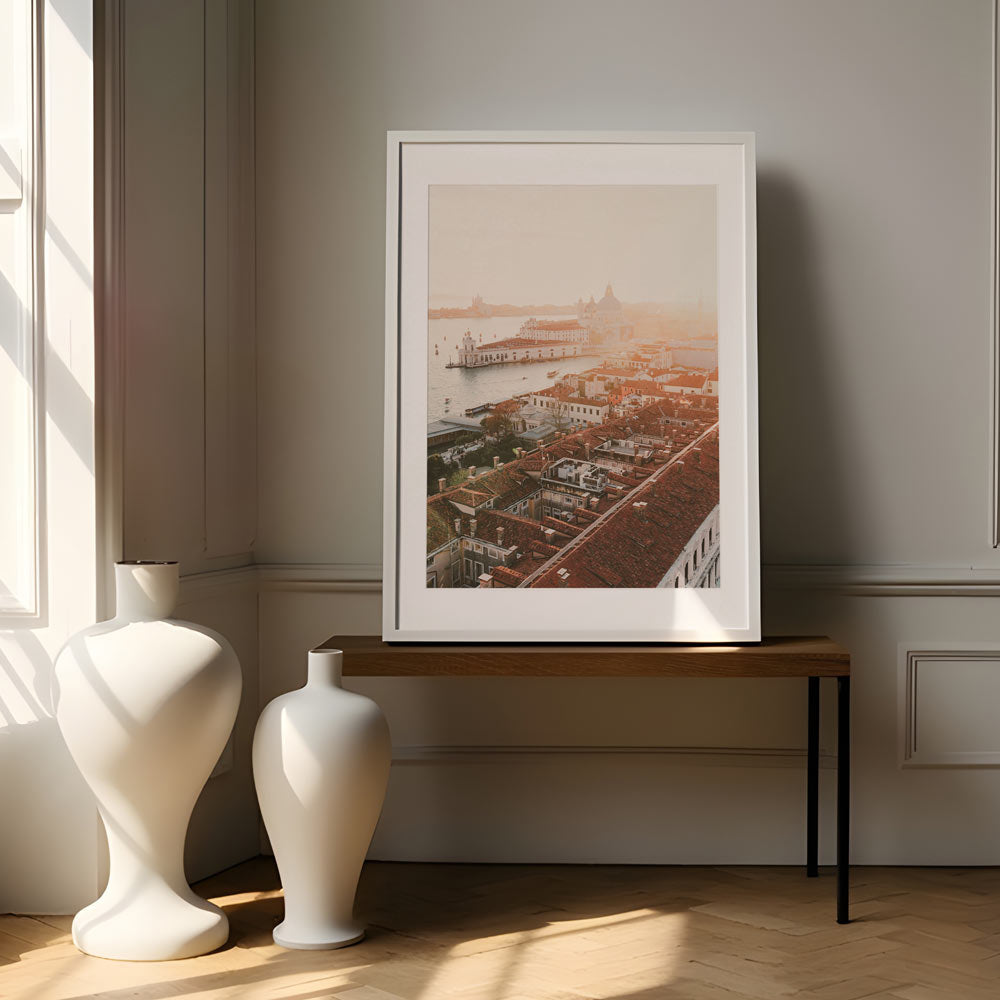 Venice Sunset: Magnificent aerial perspective of Venice's skyline bathed in the warm glow of the setting sun - Ideal for canvas prints and fine arts.