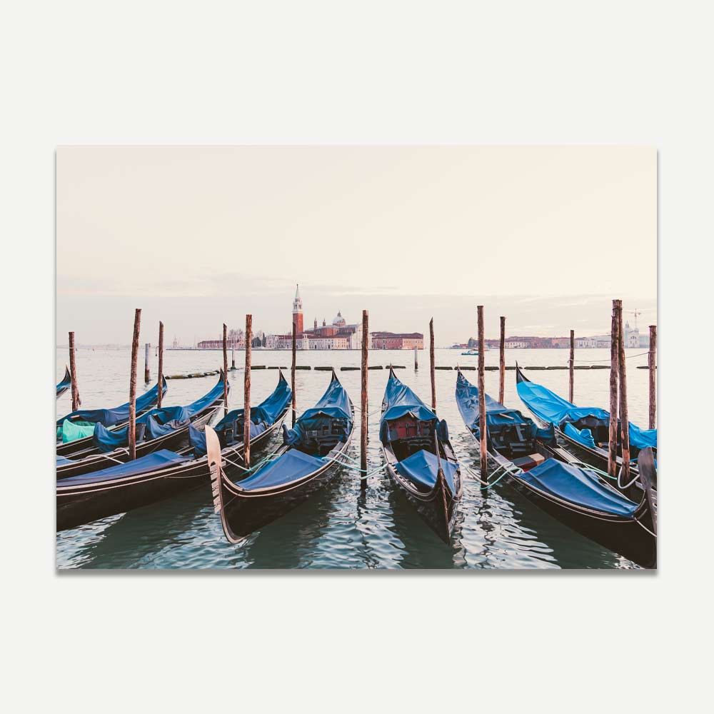 Gondolas docking at Saint Mark's with San Giorgio Maggiore in the background – romantic Venice wall art for timeless Italian home decor.