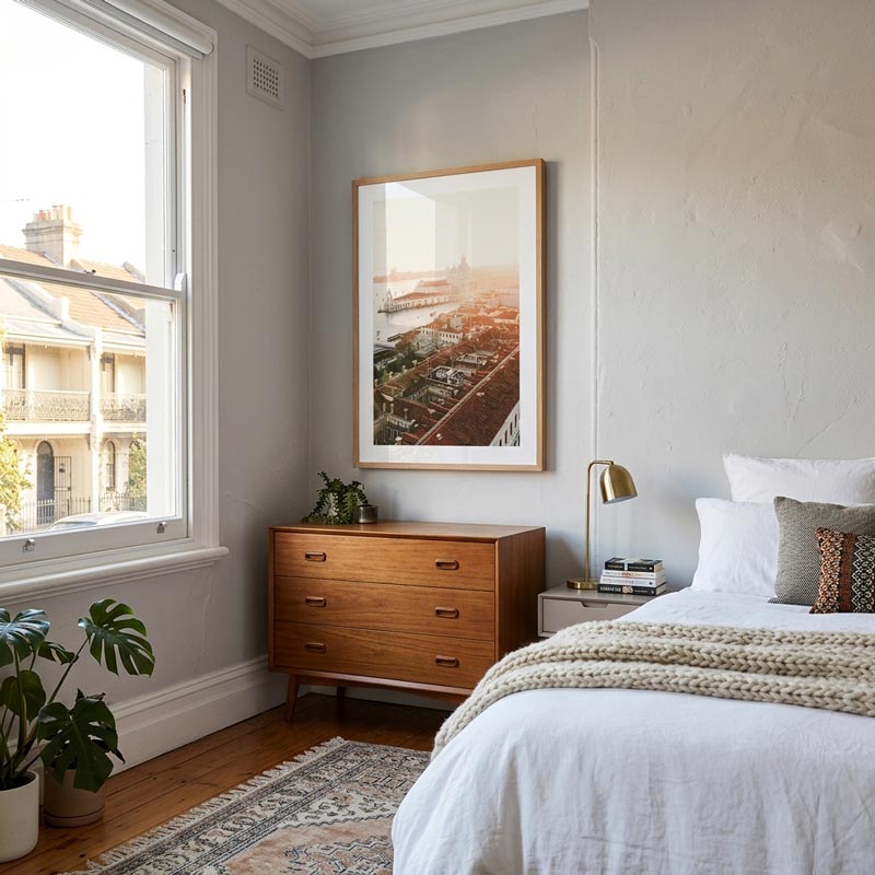 A framed vertical art print depicting a coastal cityscape at sunrise, styled in a light gray bedroom above a wooden three-drawer dresser.