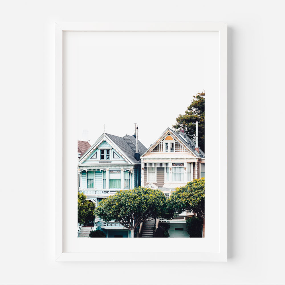 Victorian Dreams wall art showcasing the Painted Ladies with vibrant pastel hues and Victorian architecture.