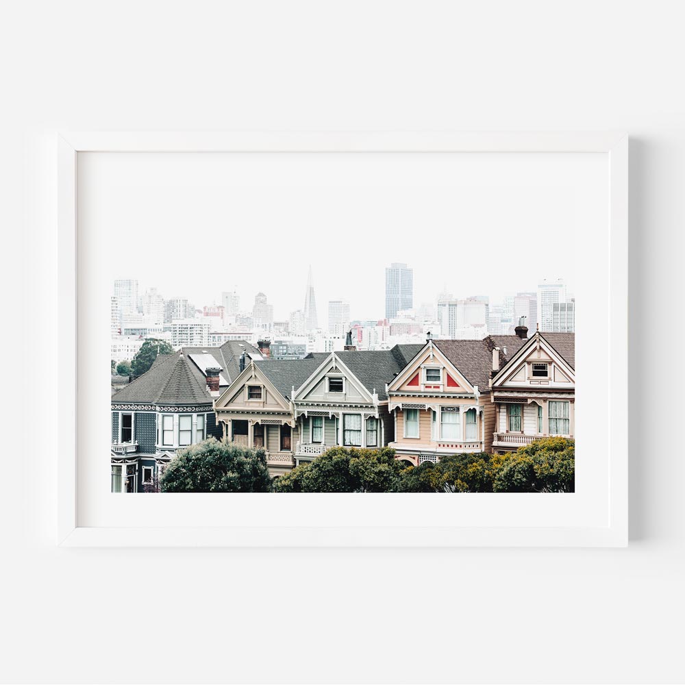 Victorian Ladies wall art featuring San Francisco's iconic Painted Ladies with vibrant colors and intricate architecture.