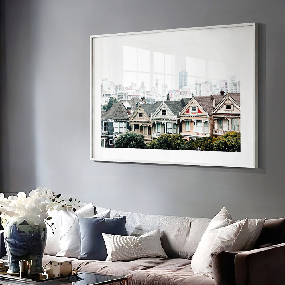 Framed art print of the Painted Ladies with Victorian design, showcasing San Francisco’s skyline.