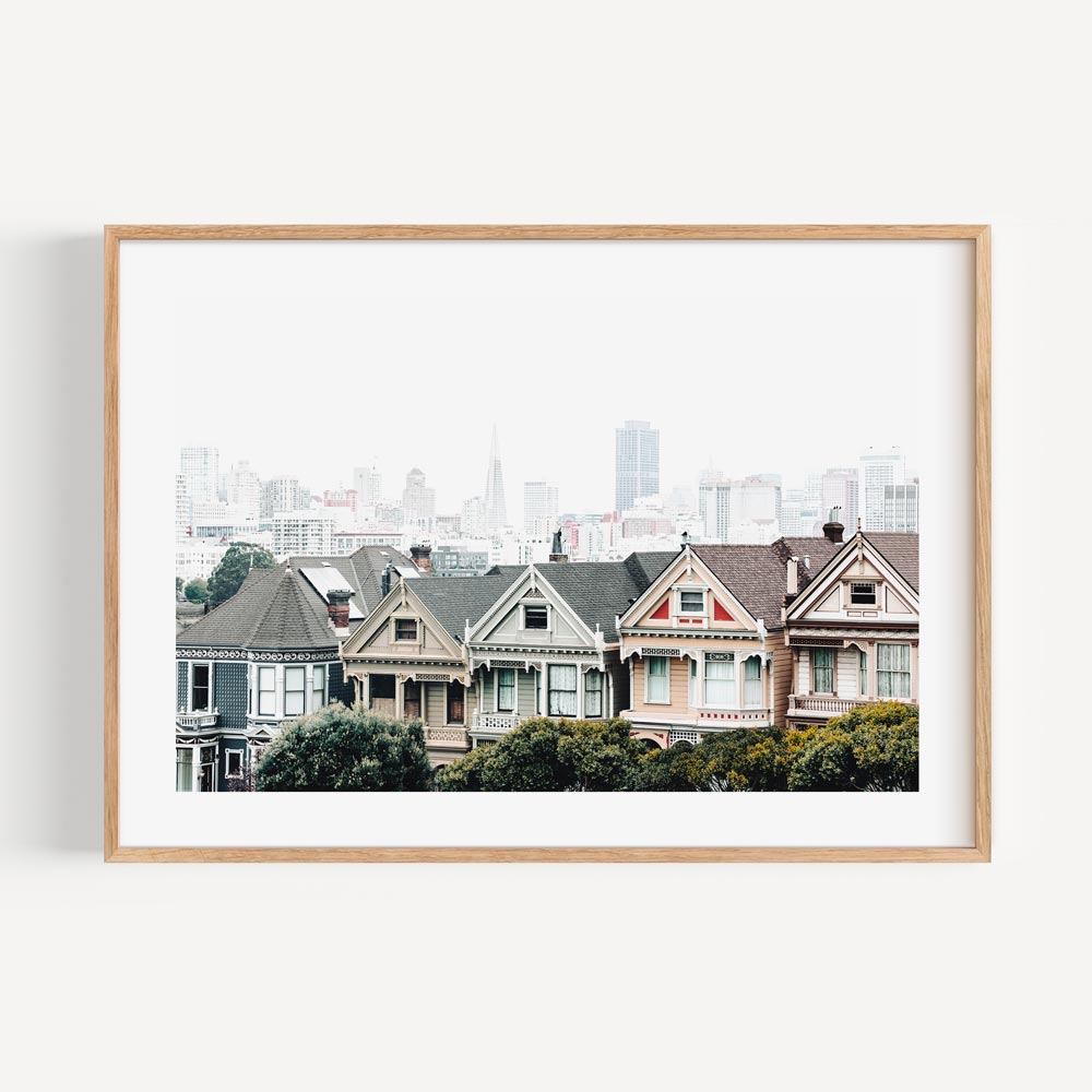 Urban wall decor of the Painted Ladies, framed by the vibrant San Francisco skyline and historic homes.