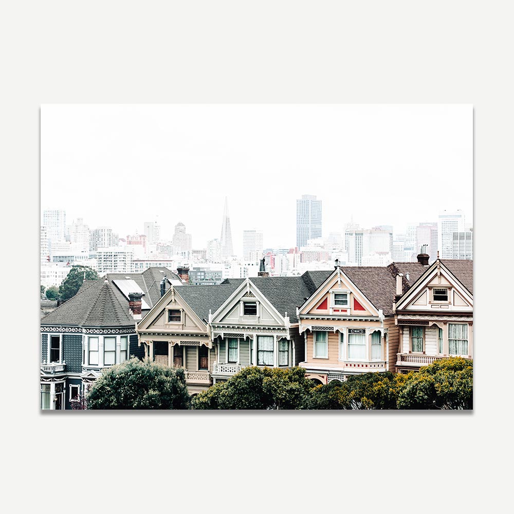 Fine art print of San Francisco’s Painted Ladies with detailed Victorian architecture and urban beauty.