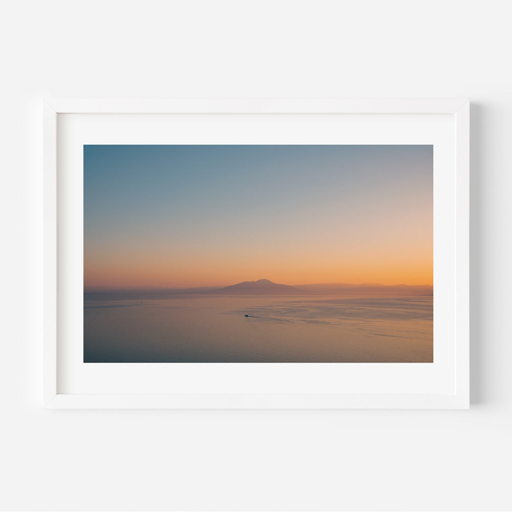 Framed photo: Vulcano Di Pompei, Mt. Vesuvius, Italy, with a boat at sunset – wall art decor.